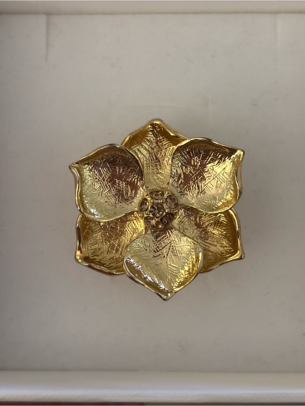 Gold Floral Ring with Rhinestone Center